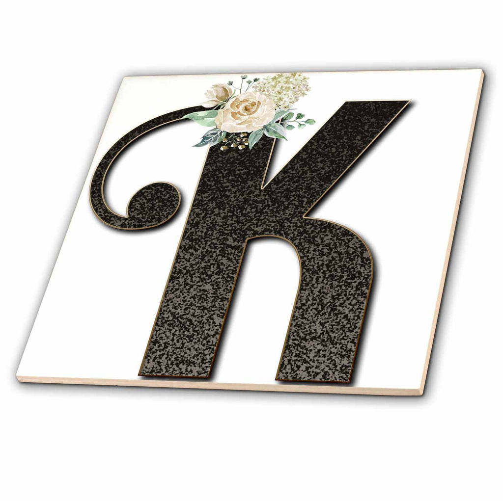 3dRose Monogram Initial K with Pretty White Floral - Tiles (ct_354700)