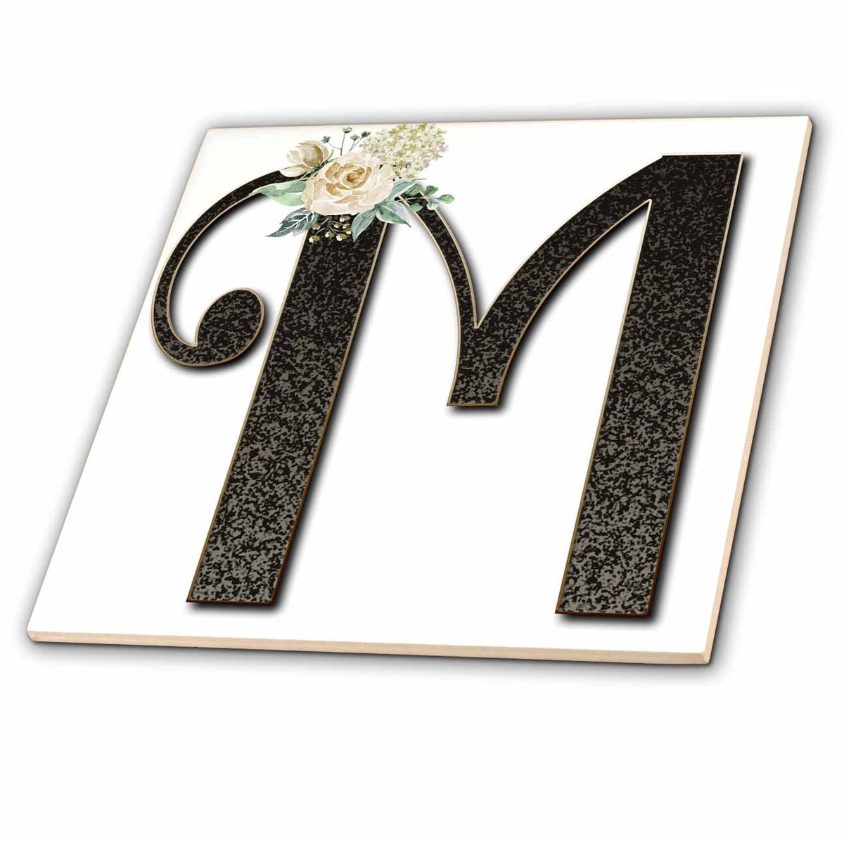 3dRose Monogram Initial M with Pretty White Floral - Tiles (ct_354702)