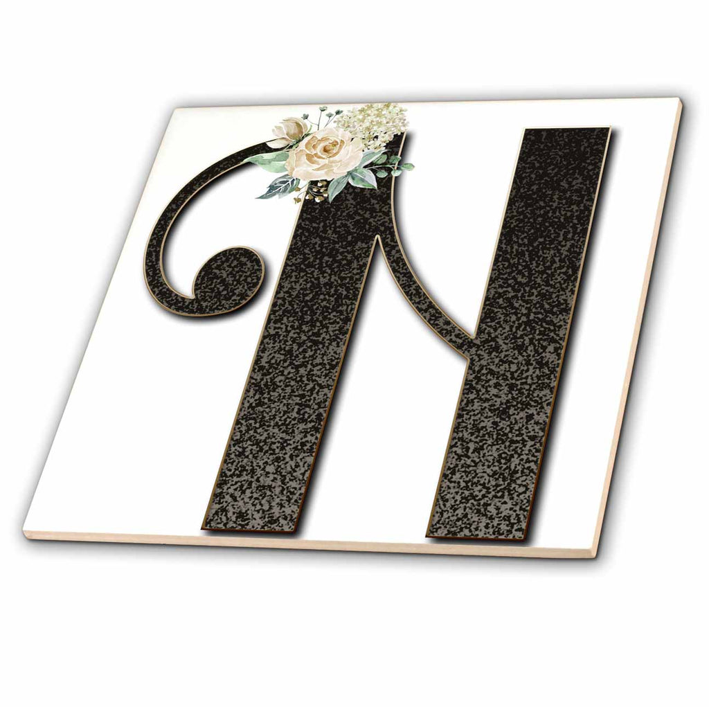 3dRose Monogram Initial N with Pretty White Floral - Tiles (ct_354703)