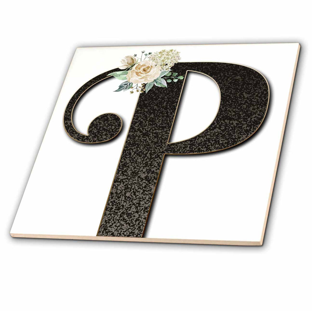 3dRose Monogram Initial P with Pretty White Floral - Tiles (ct_354704)