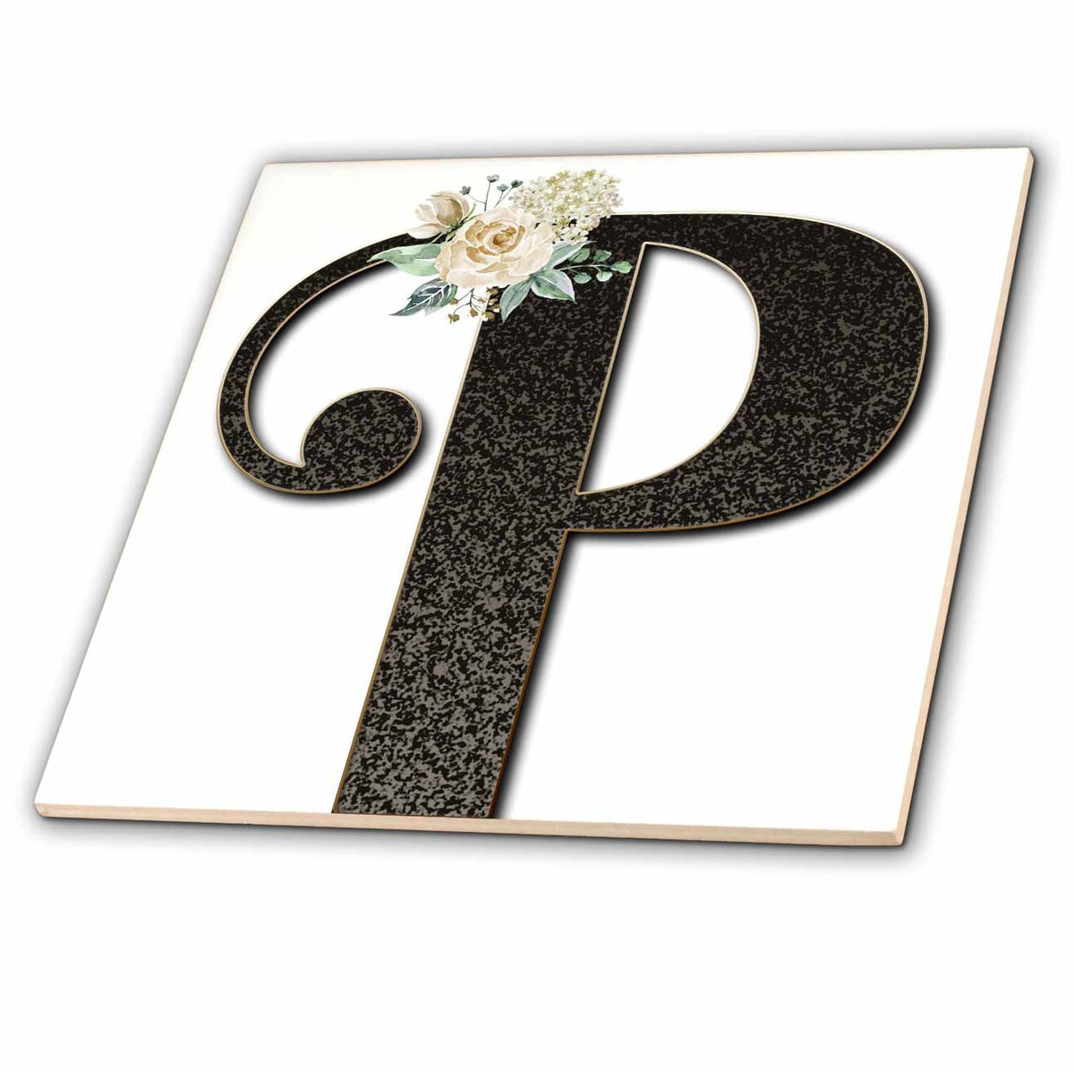 3dRose Monogram Initial P with Pretty White Floral - Tiles (ct_354704)