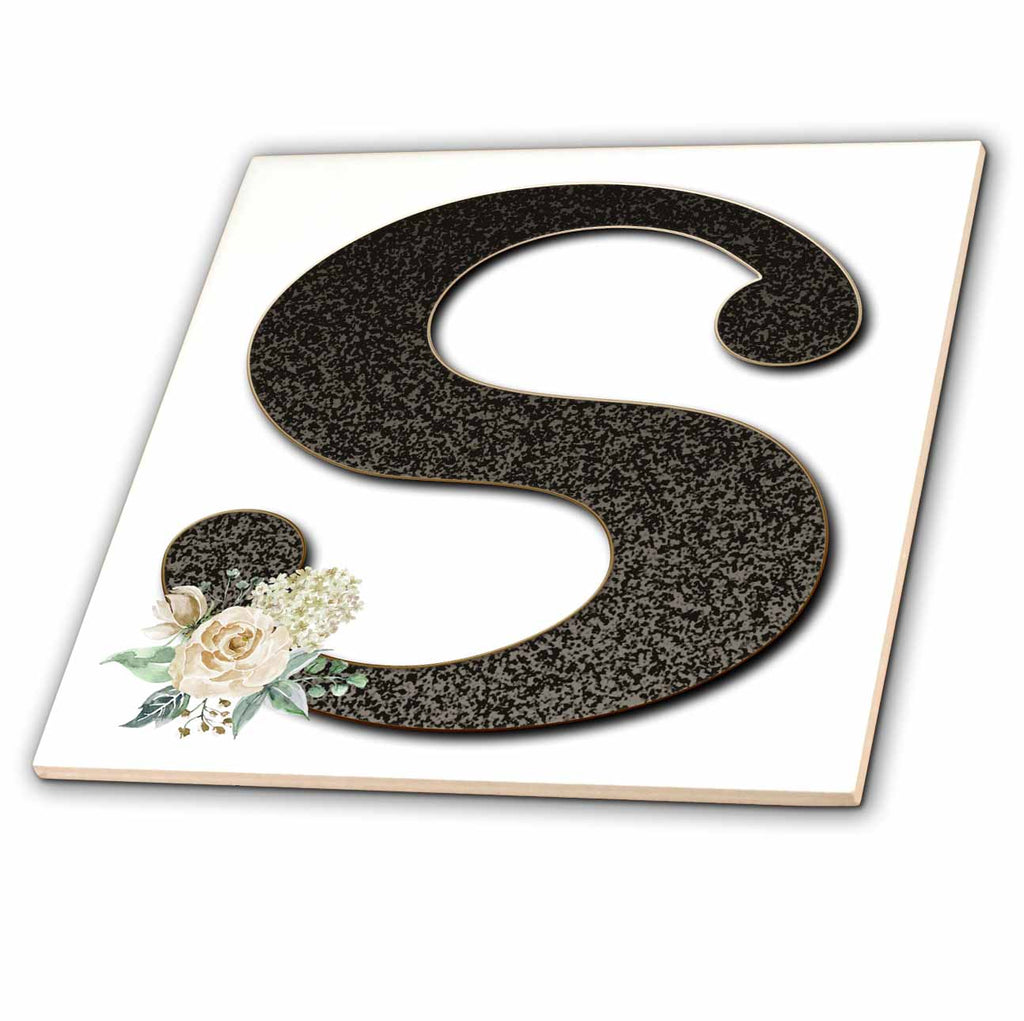 3dRose Monogram Initial S with Pretty White Floral - Tiles (ct_354706)