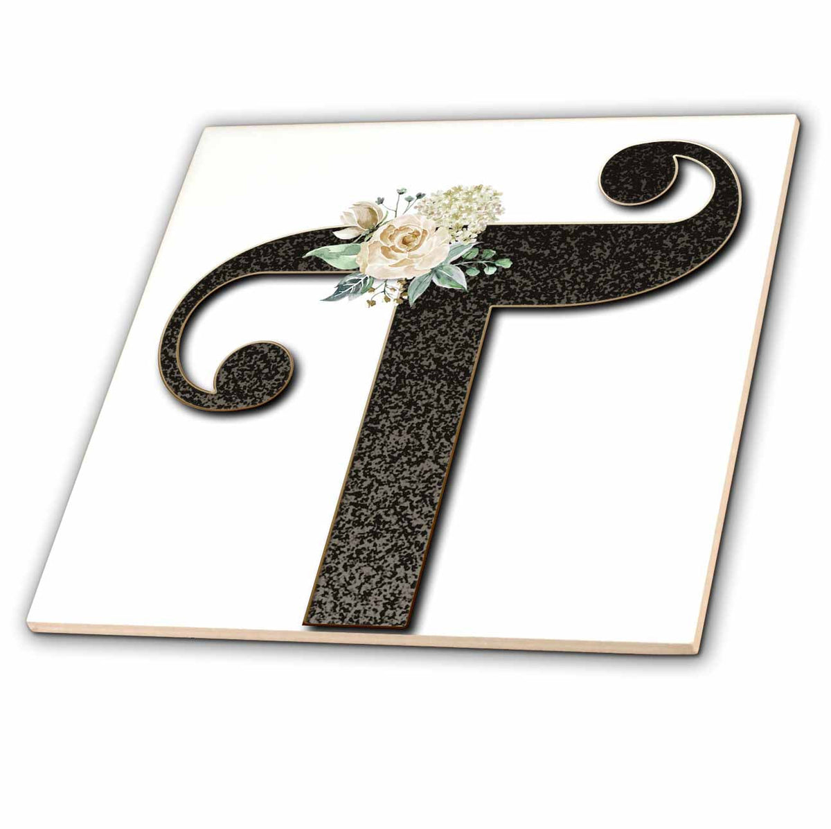 3dRose Monogram Initial T with Pretty White Floral - Tiles (ct_354707)
