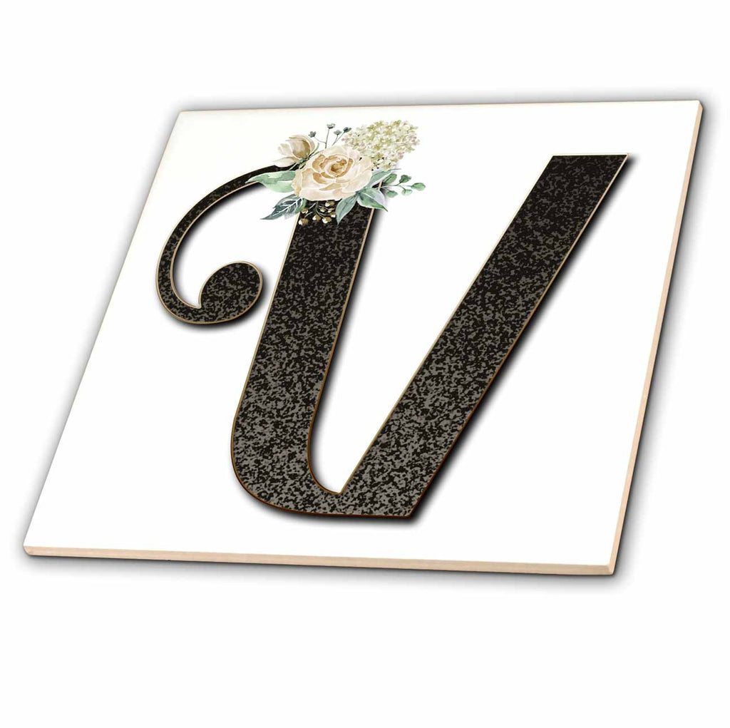 3dRose Monogram Initial V with Pretty White Floral - Tiles (ct_354708)