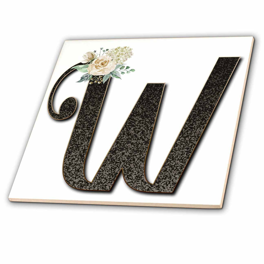 3dRose Monogram Initial W with Pretty White Floral - Tiles (ct_354709)