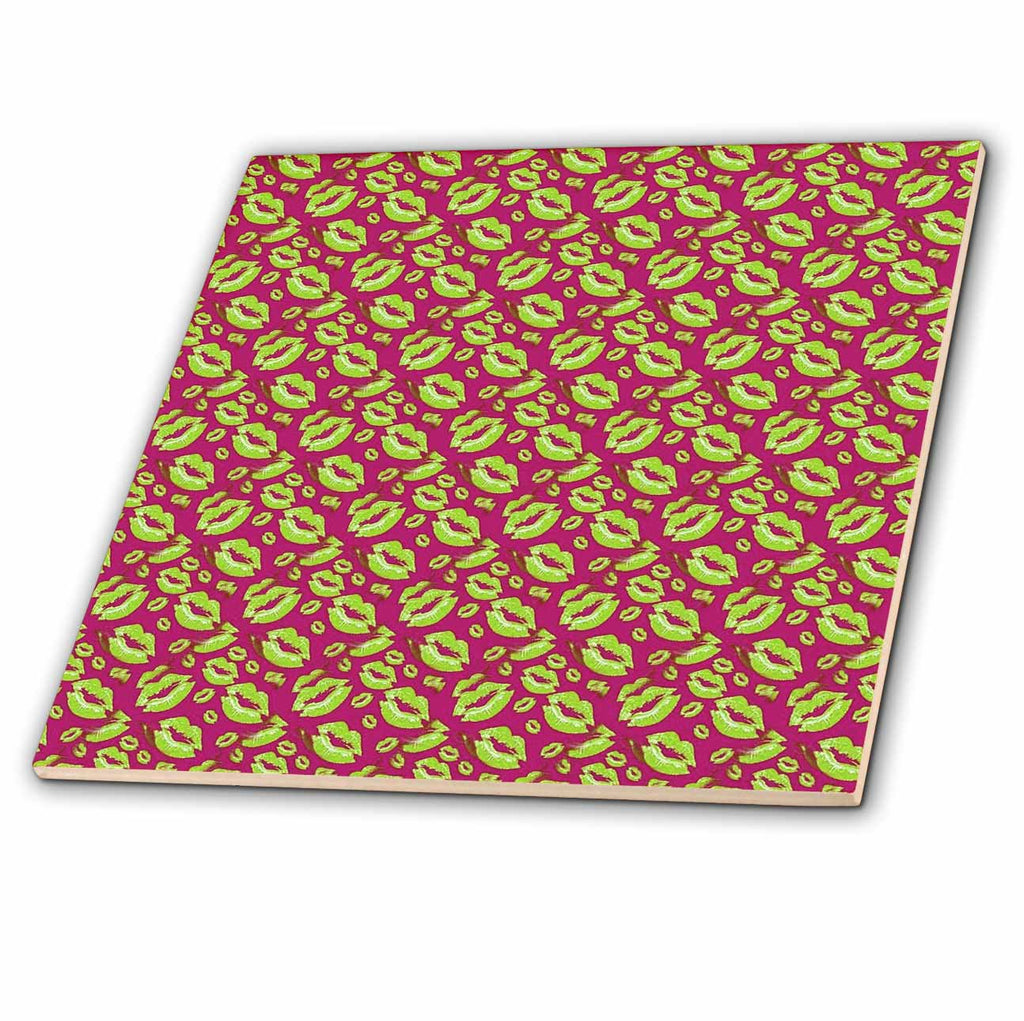 3dRose Two Kisses Collided Lip Smacking Lime Colored Lips Pattern - Tiles (ct_357225)