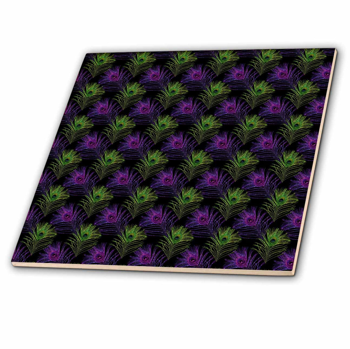 3dRose Glam Green and Purple Image of Glitter Peacock Leaves Pattern - Tiles (ct_357526)
