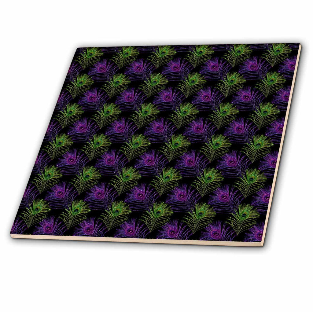 3dRose Glam Green and Purple Image of Glitter Peacock Leaves Pattern - Tiles (ct_357526)
