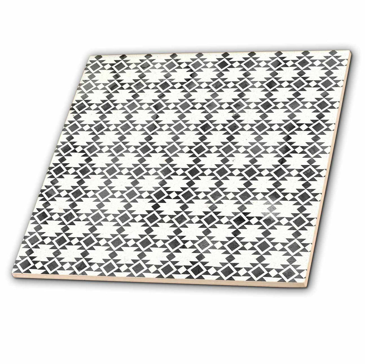 3dRose Anne Marie Baugh - Patterns - Black and White Geometric Aztec Pattern - Tiles (ct_357528)
