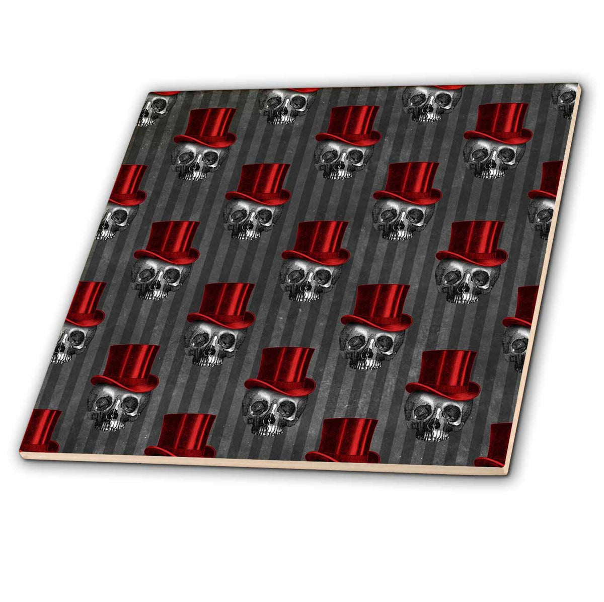 3dRose Red Top Head Skulls On Black Stripes Pattern - Tiles (ct_357536)