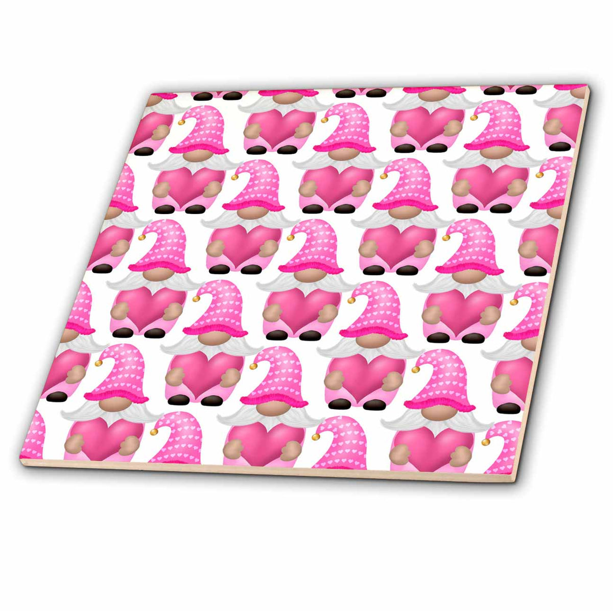 3dRose Anne Marie Baugh - Patterns - Cute Pink Heart Gnomes Pattern - Tiles (ct_357543)