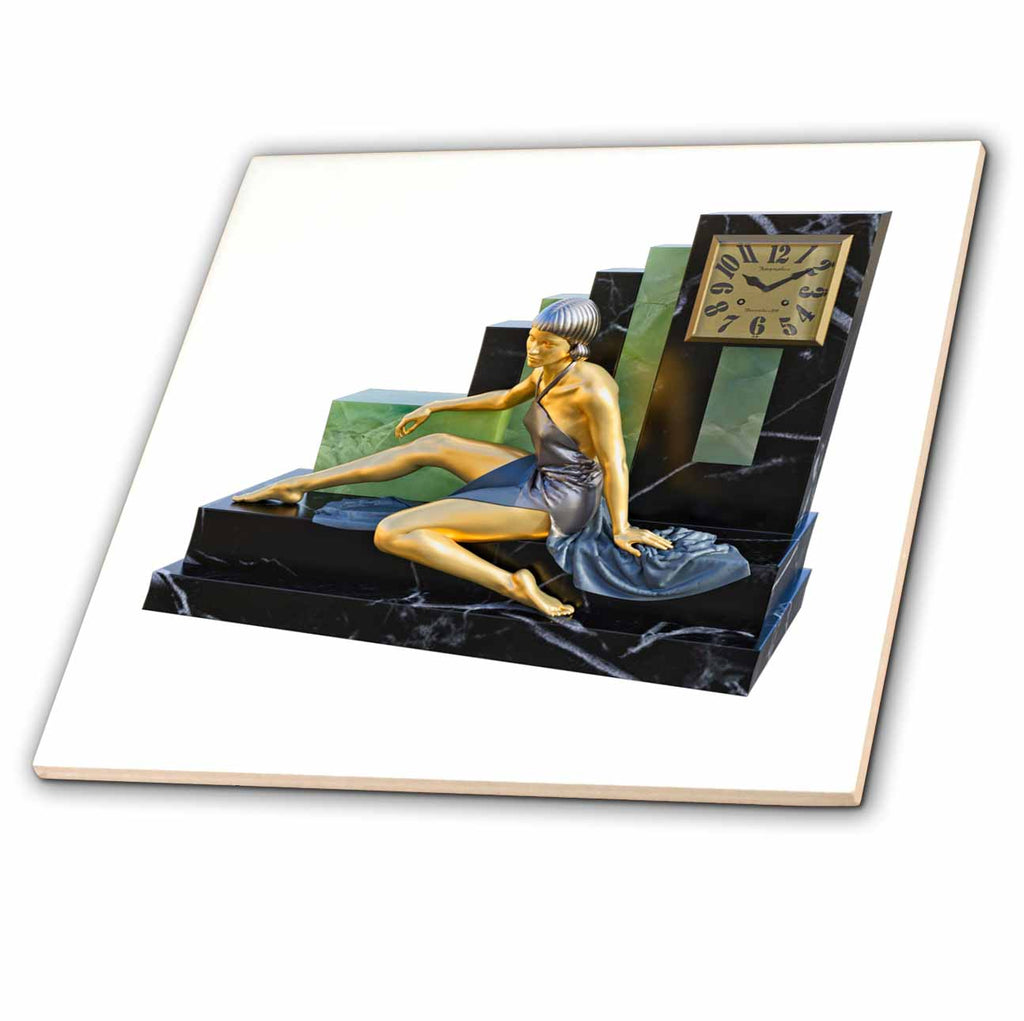 3dRose an Art Deco Statuette on a Black Rock Clock Base - Tiles (ct_357613)