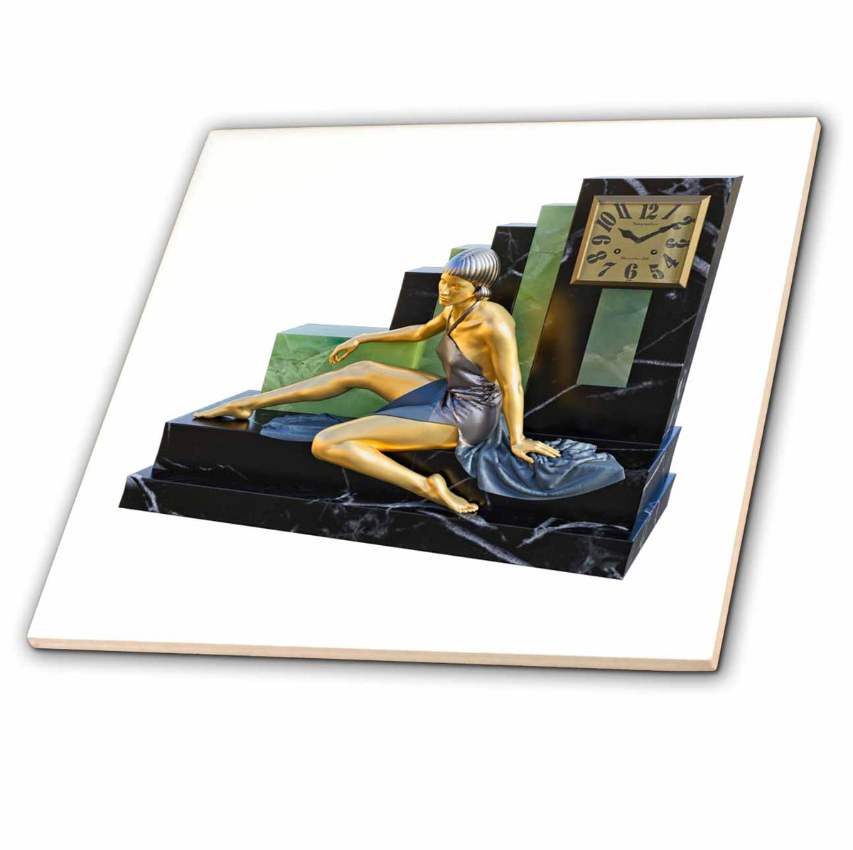 3dRose an Art Deco Statuette on a Black Rock Clock Base - Tiles (ct_357613)
