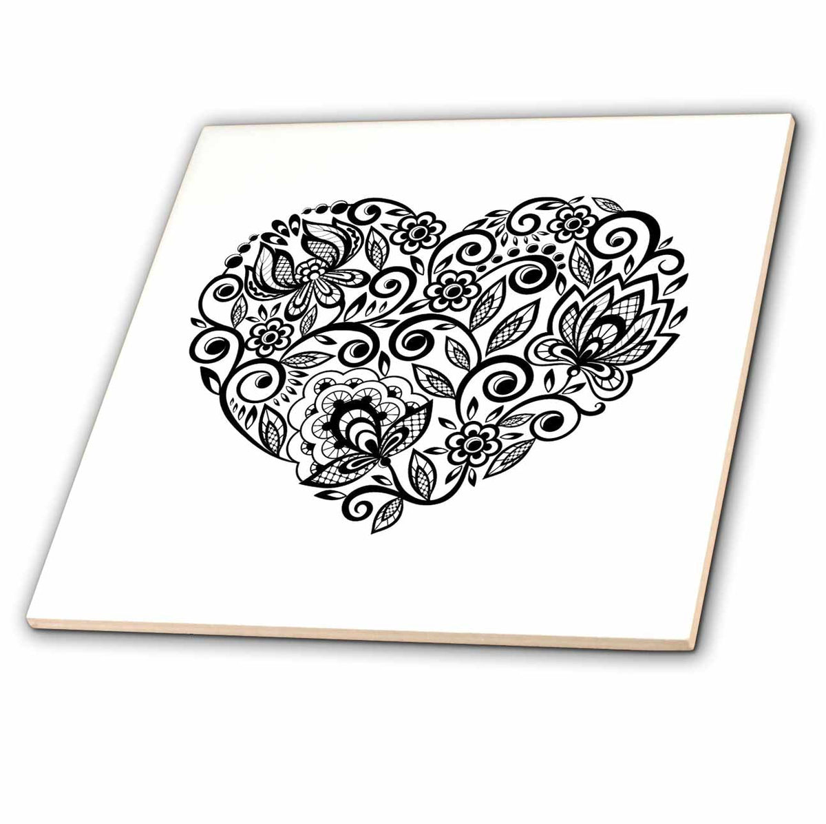 3dRose 3dRose - Rosette - Heart - Black Lace Heart Design - Tiles (ct-360517)