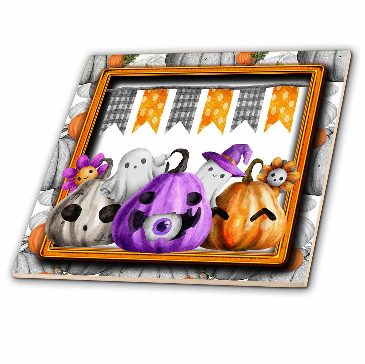 3dRose Cute Halloween Pumpkins, Eye, and Ghost Design - Tiles (ct-369112)