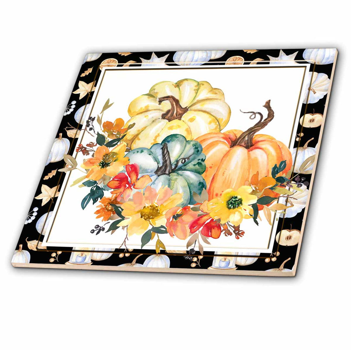 3dRose Pretty Fall Pumpkins and Flowers Design - Tiles (ct-369127)