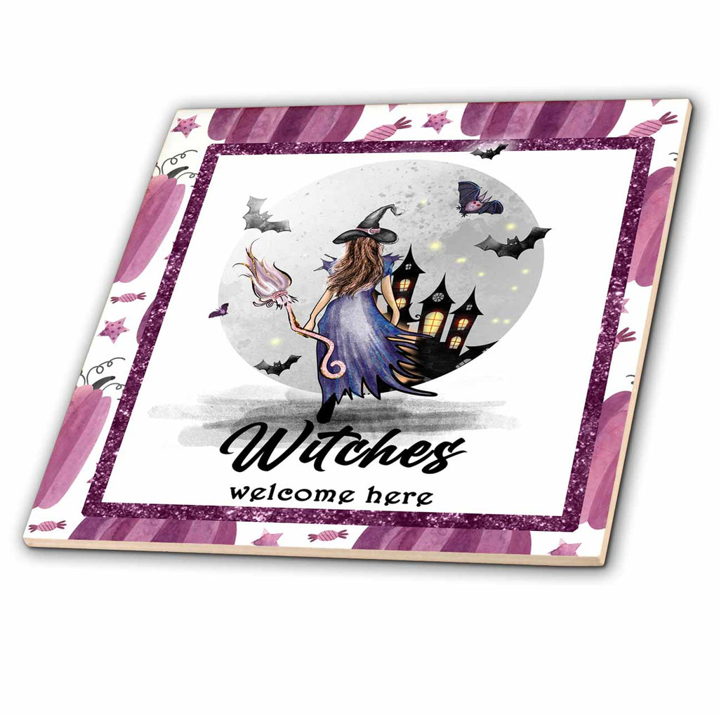 3dRose Witches Welcome Here Pretty Halloween Witch - Tiles (ct-369164)