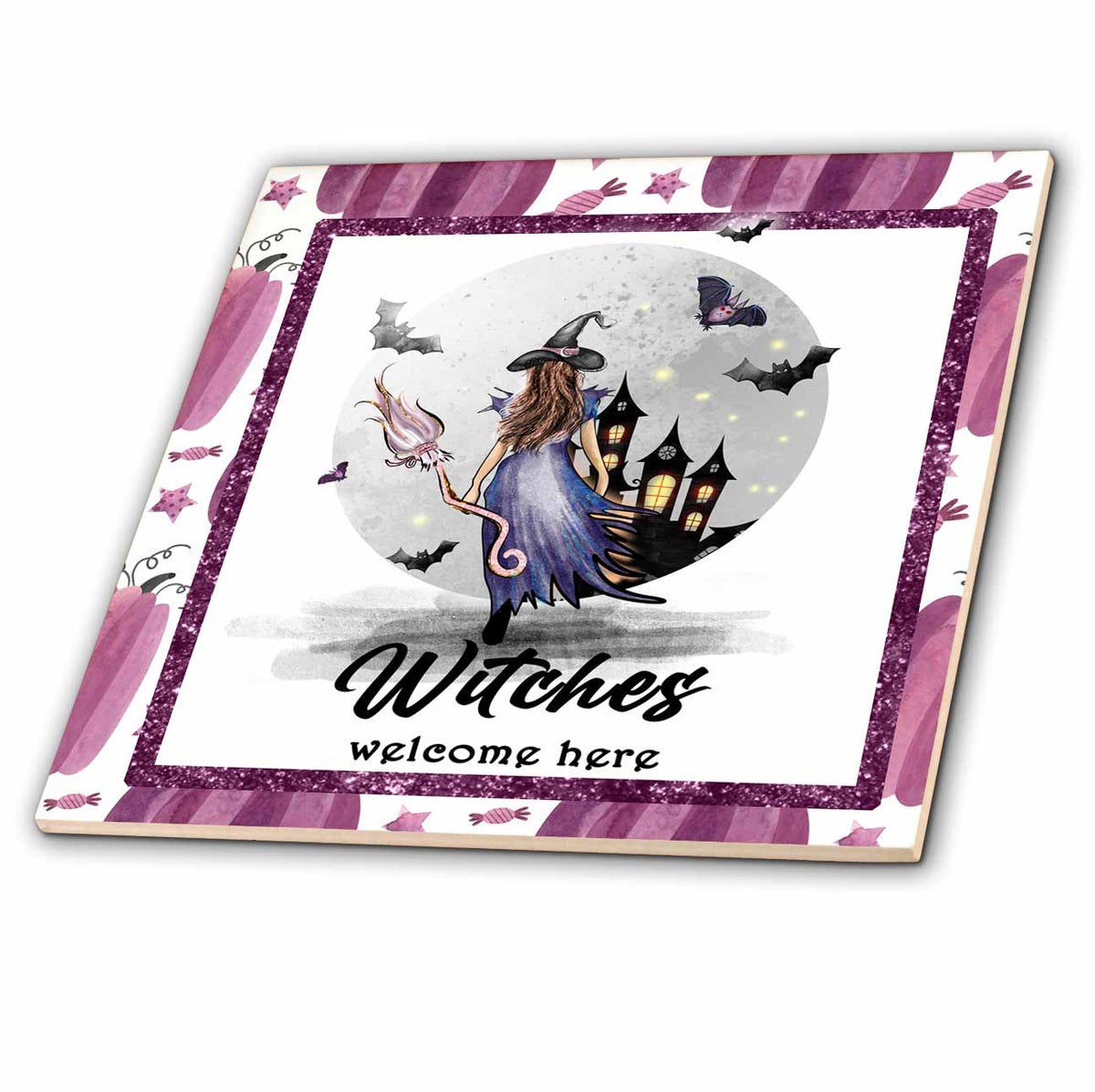 3dRose Witches Welcome Here Pretty Halloween Witch - Tiles (ct-369164)