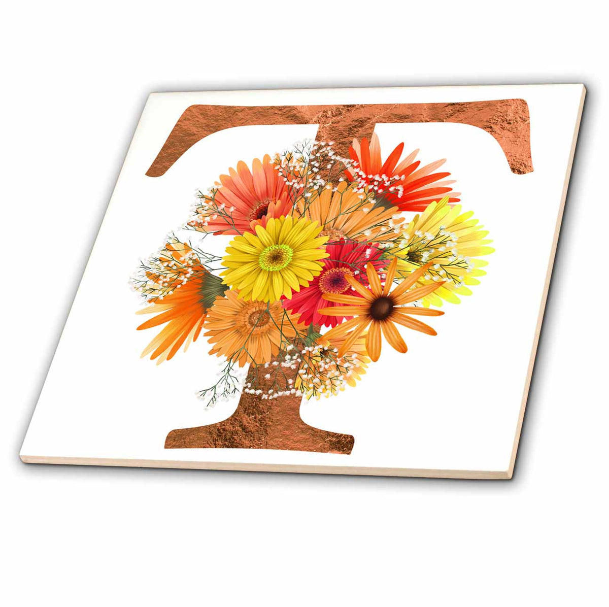3dRose Pretty Fall Flowers Image of Copper Monogram Initial T - Tiles (ct-370435)