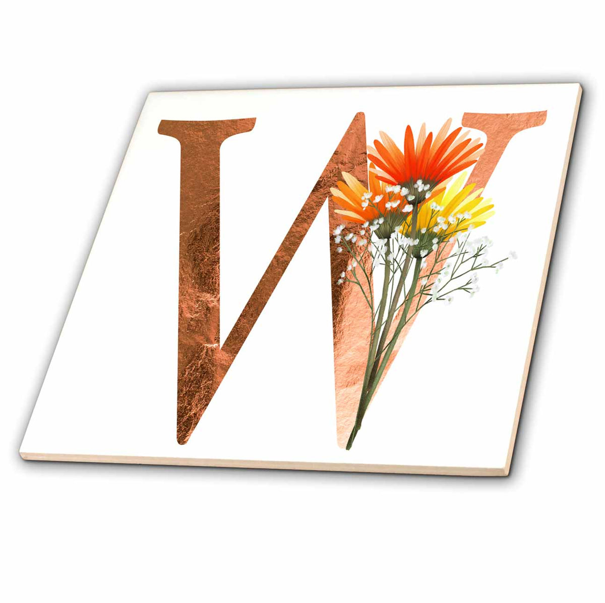 3dRose Pretty Fall Flowers Image of Copper Monogram Initial W - Tiles (ct-370437)