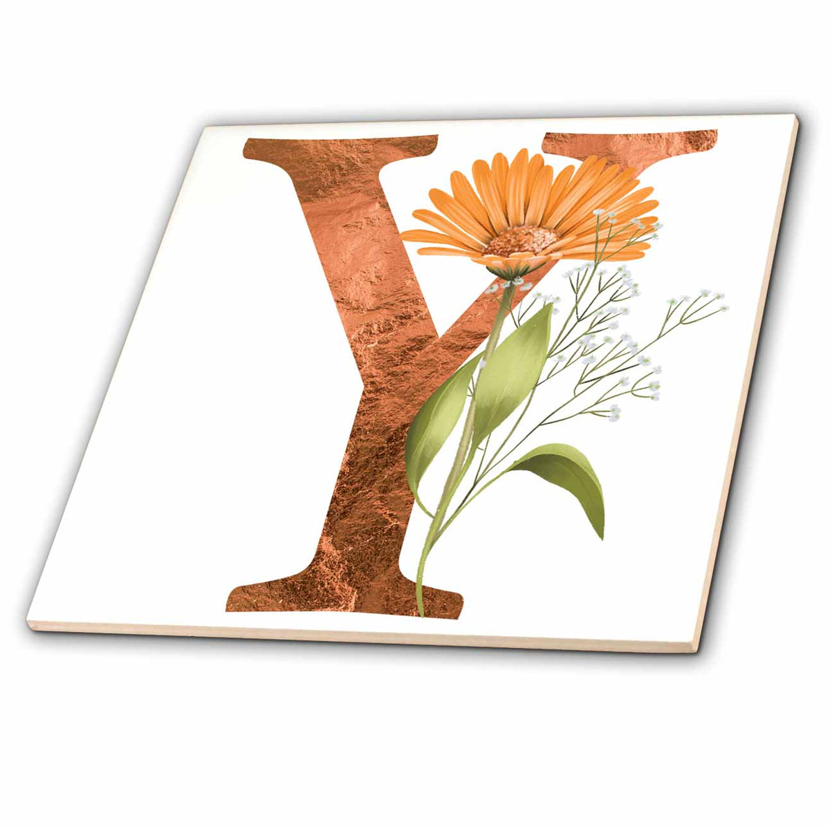3dRose Pretty Fall Flowers Image of Copper Monogram Initial Y - Tiles (ct-370438)