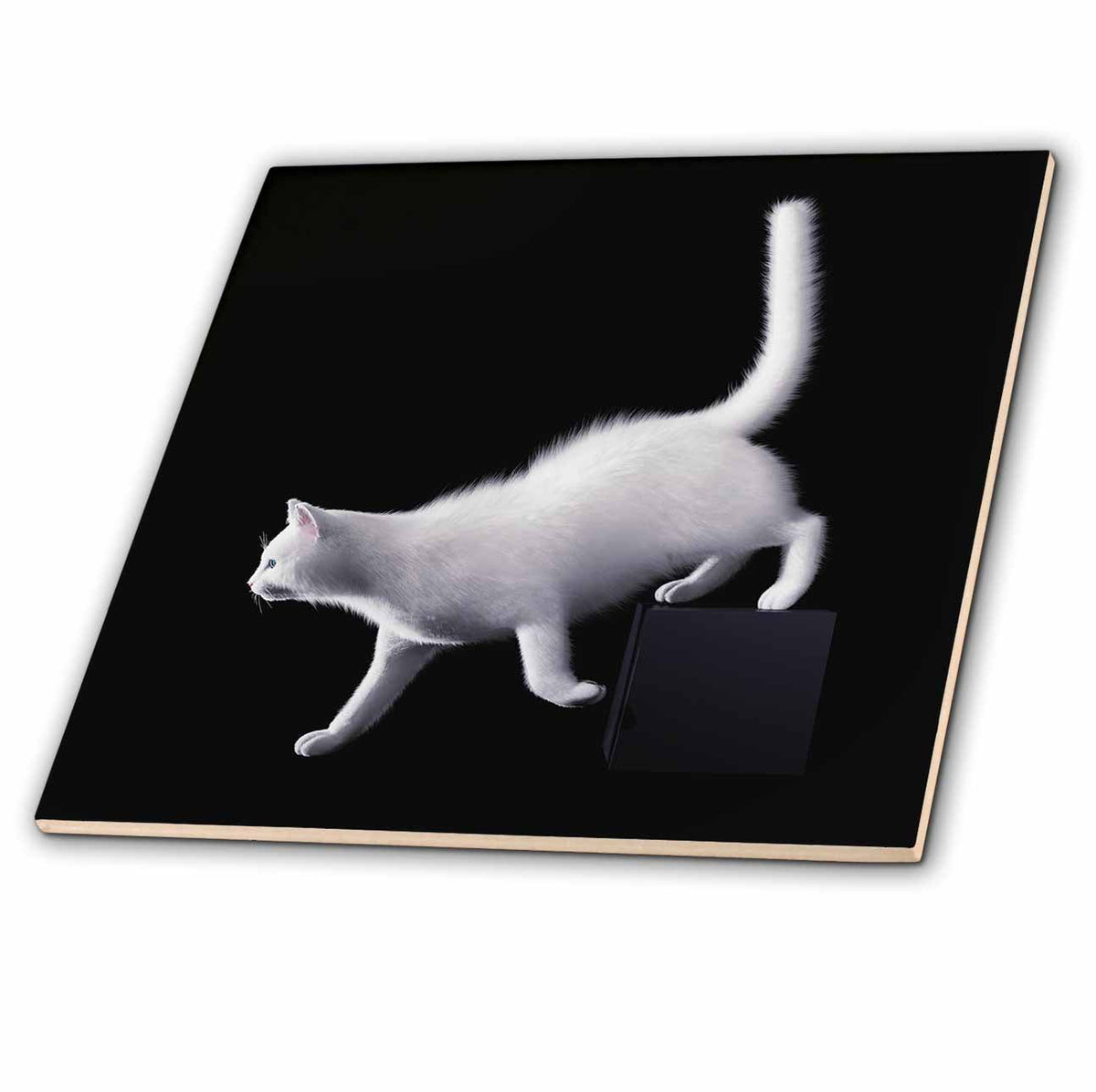 3dRose Boehm Graphics Cat - A White cat Stepping Down from a Cube to its Right - Tiles (ct-370690)