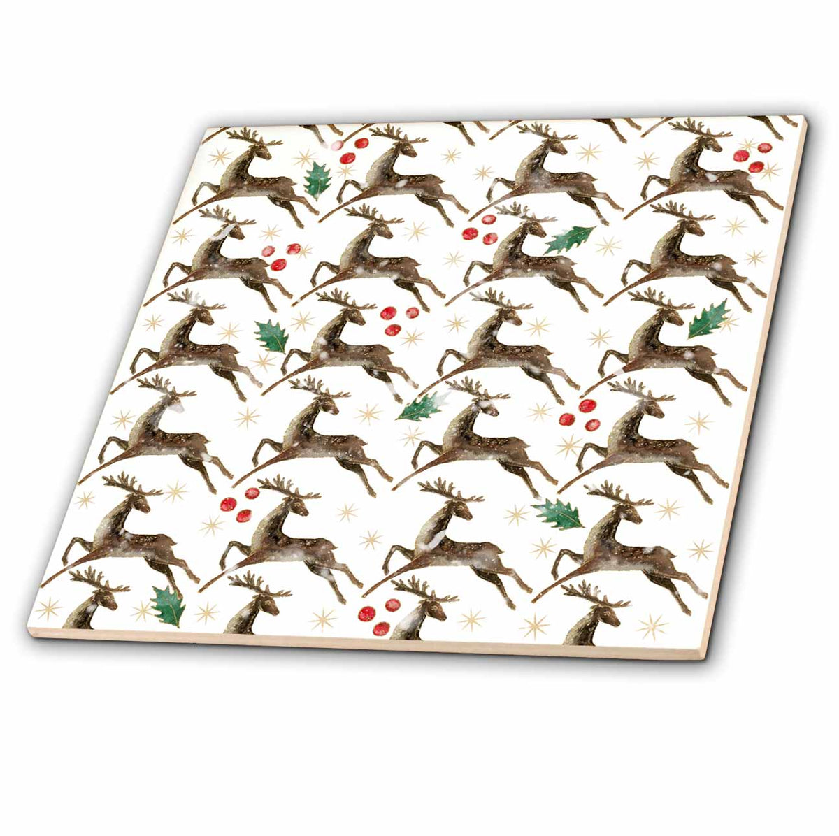 3dRose Pretty Dancing Reindeer and Red Dots Christmas Pattern - Tiles (ct-370753)