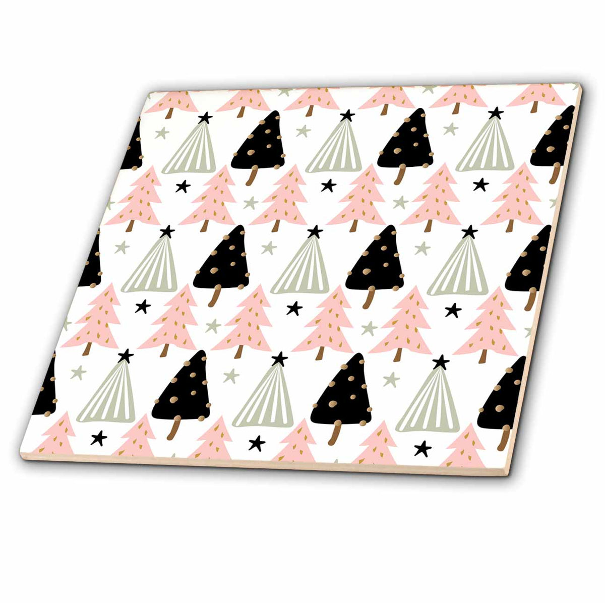 3dRose Modern Pink, Black, and Green Christmas Trees Pattern - Tiles (ct-370760)