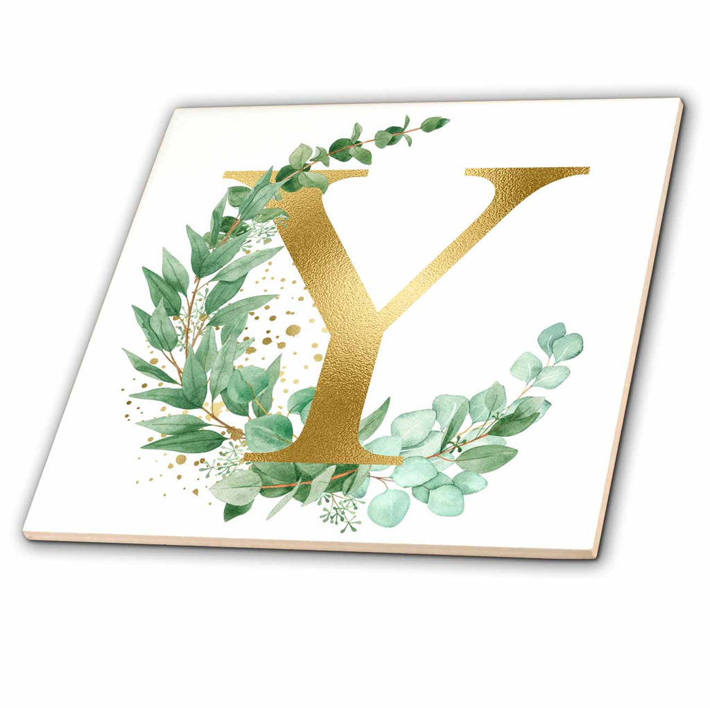3dRose Pretty Eucalyptus Greenery Leaves Monogram Initial Y - Tiles (ct-371606)