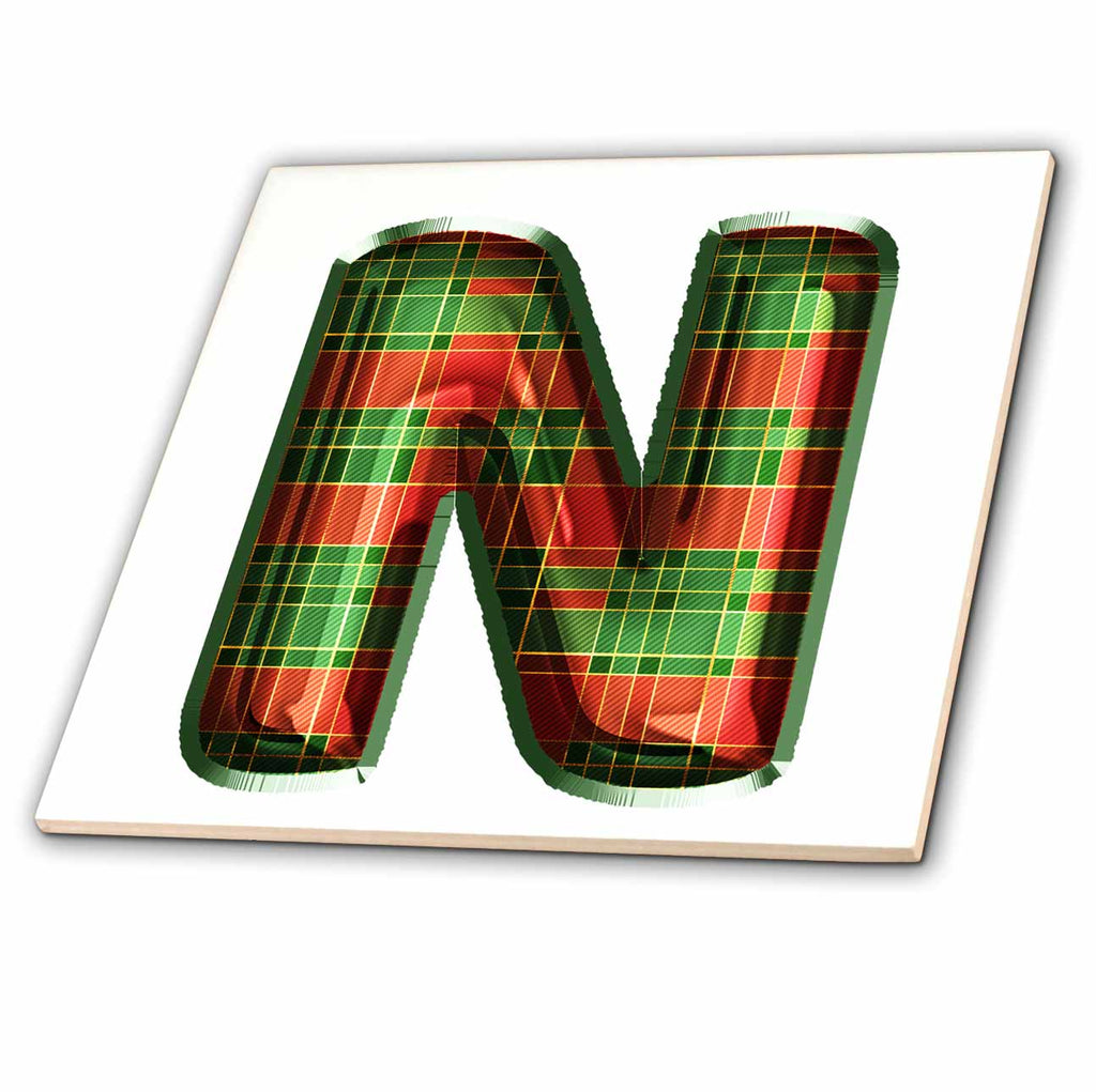 3dRose Cute Red and Green Christmas Plaid Monogram Initial N - Tiles (ct-371619)