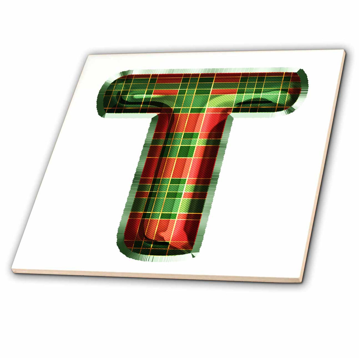 3dRose Cute Red and Green Christmas Plaid Monogram Initial T - Tiles (ct-371623)