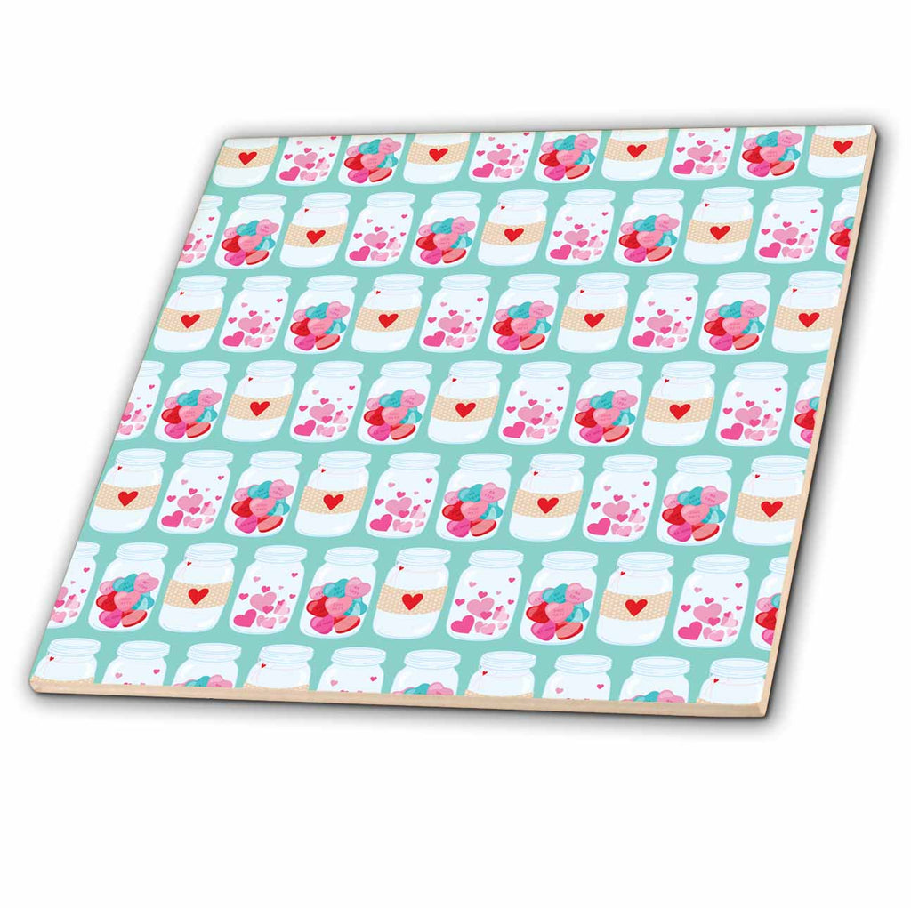 3dRose Cute Jars Filled with Hearts On an Aqua Background Pattern - Tiles (ct-372066)