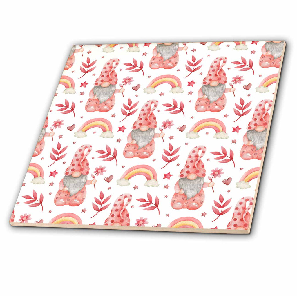 3dRose Cute Peachy Pink Valentine Gnomes and Rainbows Pattern - Tiles (ct-372067)