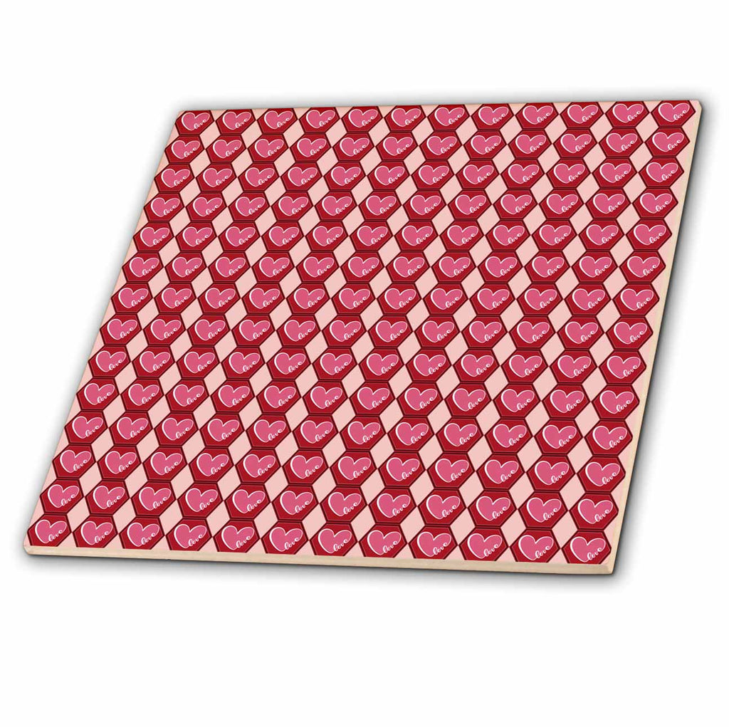 3dRose Cursive Pink Love Hearts in Geometric Shapes Pattern - Tiles (ct-372075)