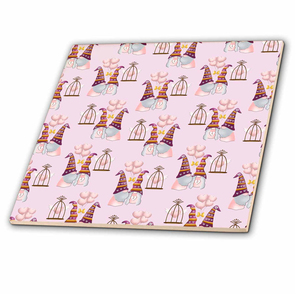 3dRose Cute Valentine Gnome Couples and Winged Hearts Pattern - Tiles (ct-372078)