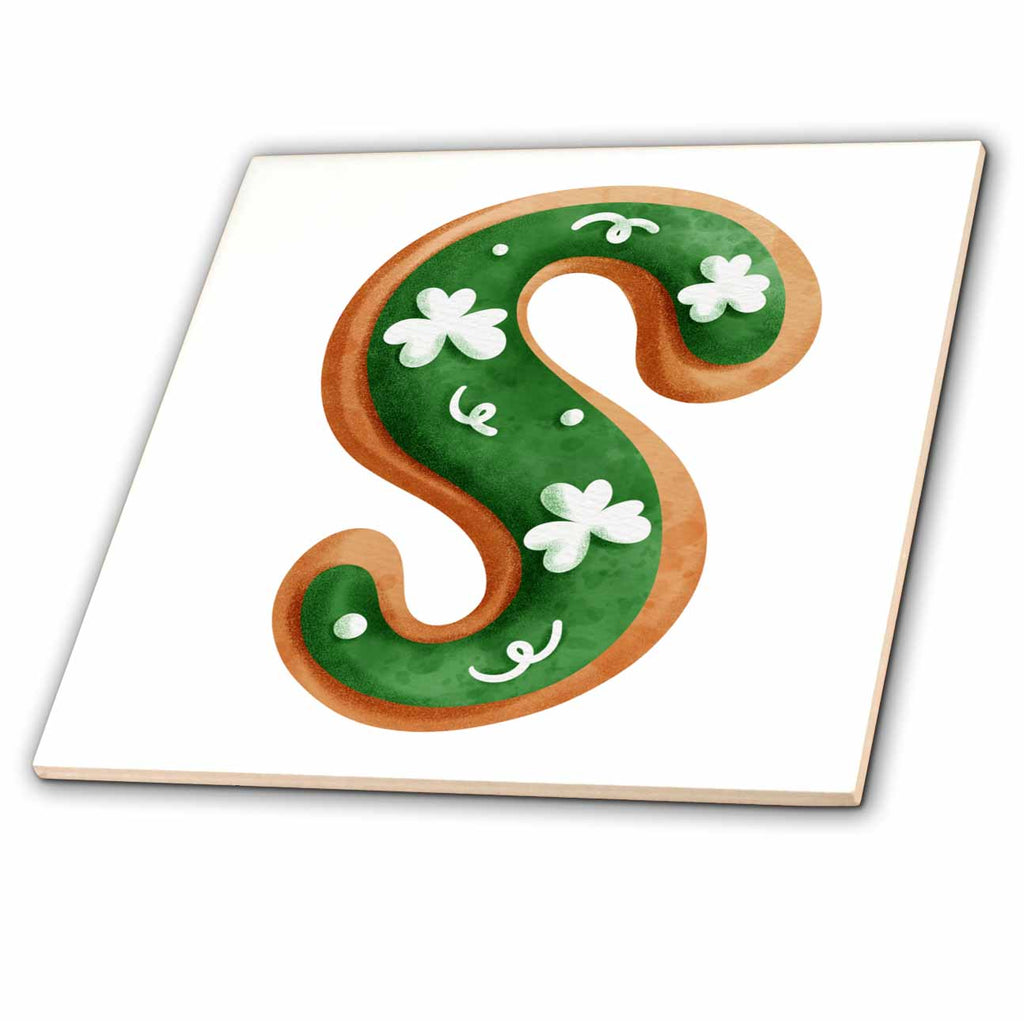 3dRose Cute St Patricks Day Image of Cookie Monogram Initial S - Tiles (ct-375891)