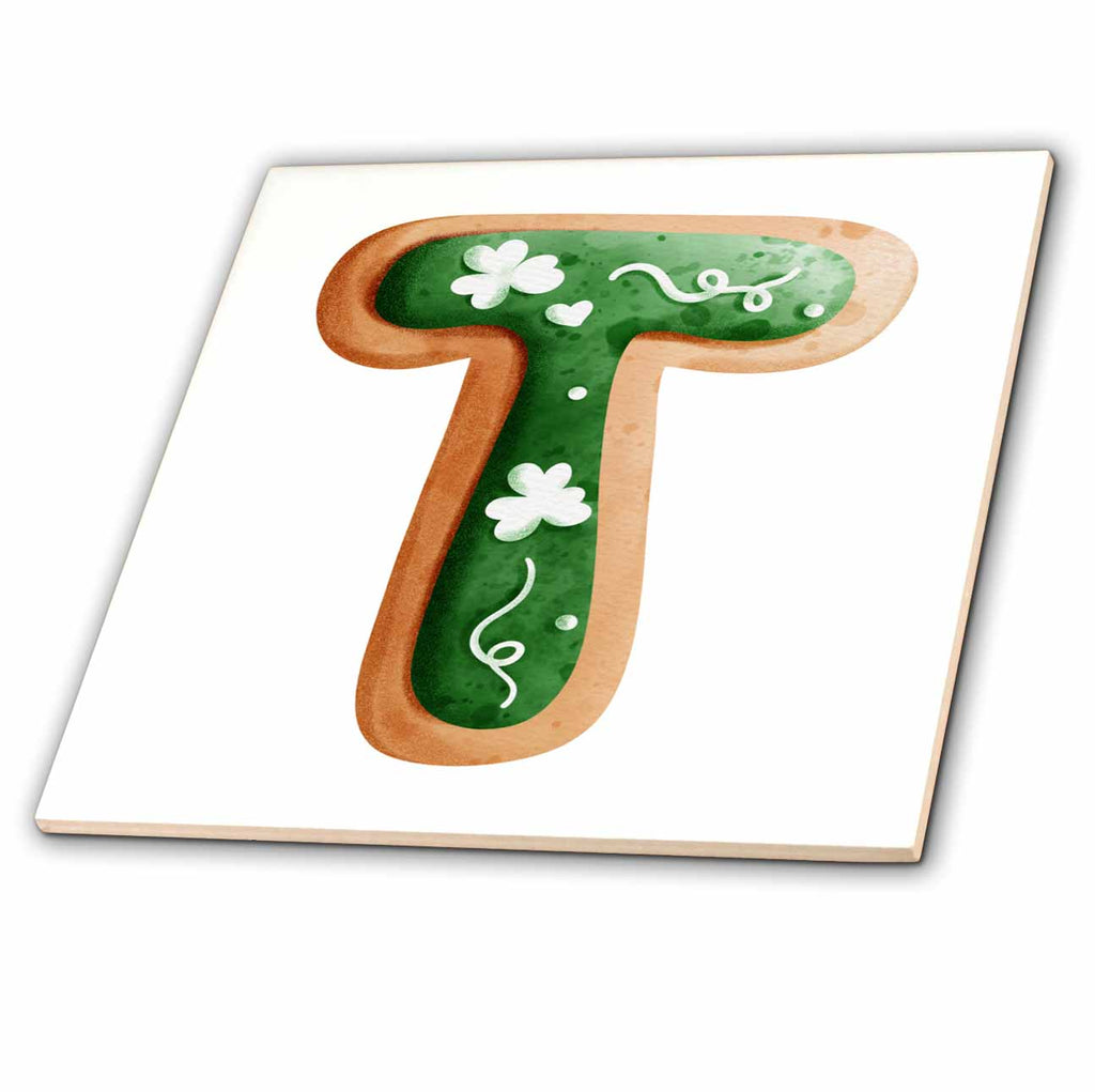 3dRose Cute St Patricks Day Image of Cookie Monogram Initial T - Tiles (ct-375892)