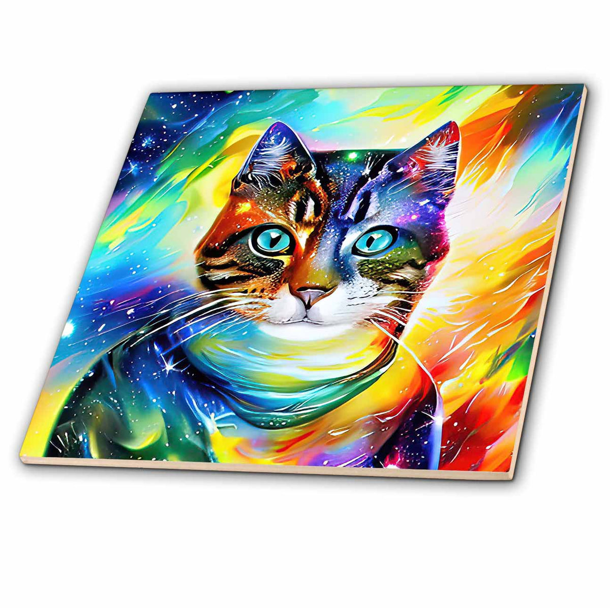 3dRose Galaxy Cat Dreaming Tile - Abstract Colorful Fantasy Digital Art
