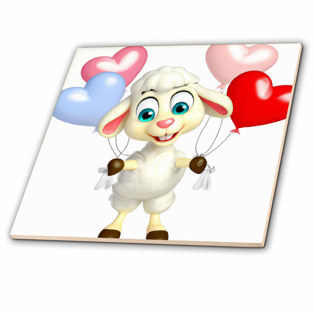 3dRose Ewe Lamb Holding Heart Shaped Balloons - Tiles (ct-376659)