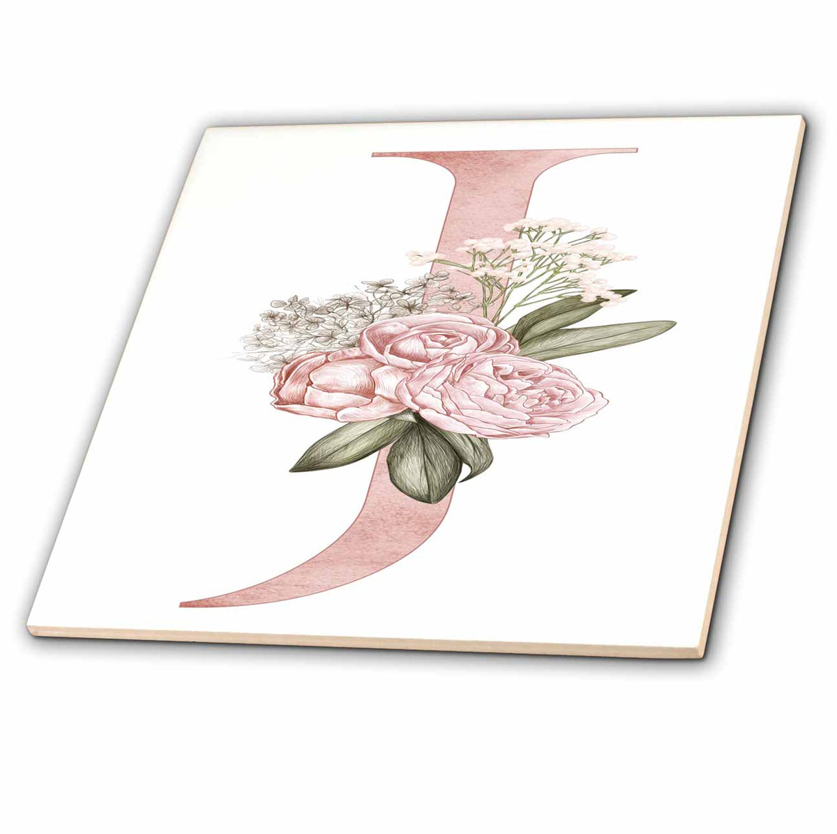 3dRose Pretty Pink Floral and Babies Breath Monogram Initial J - Tiles (ct-377524)