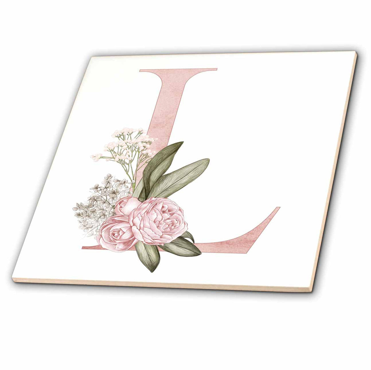 3dRose Pretty Pink Floral and Babies Breath Monogram Initial L - Tiles (ct-377526)