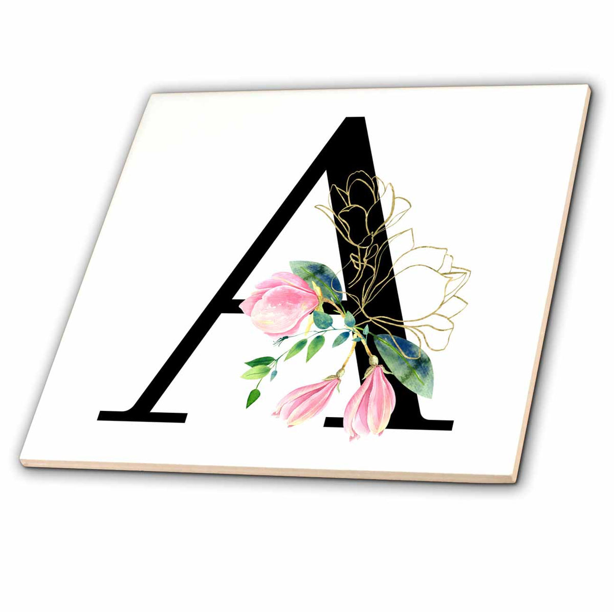 3dRose Chic Black Monogram Initial A with Pretty Pink Flowers - Tiles (ct-377537)
