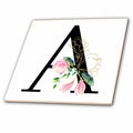 3dRose Chic Black Monogram Initial A with Pretty Pink Flowers - Tiles (ct-377537)