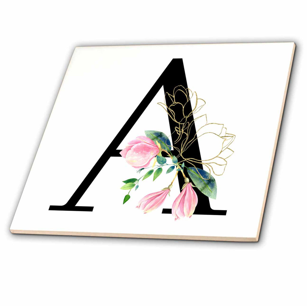 3dRose Chic Black Monogram Initial A with Pretty Pink Flowers - Tiles (ct-377537)