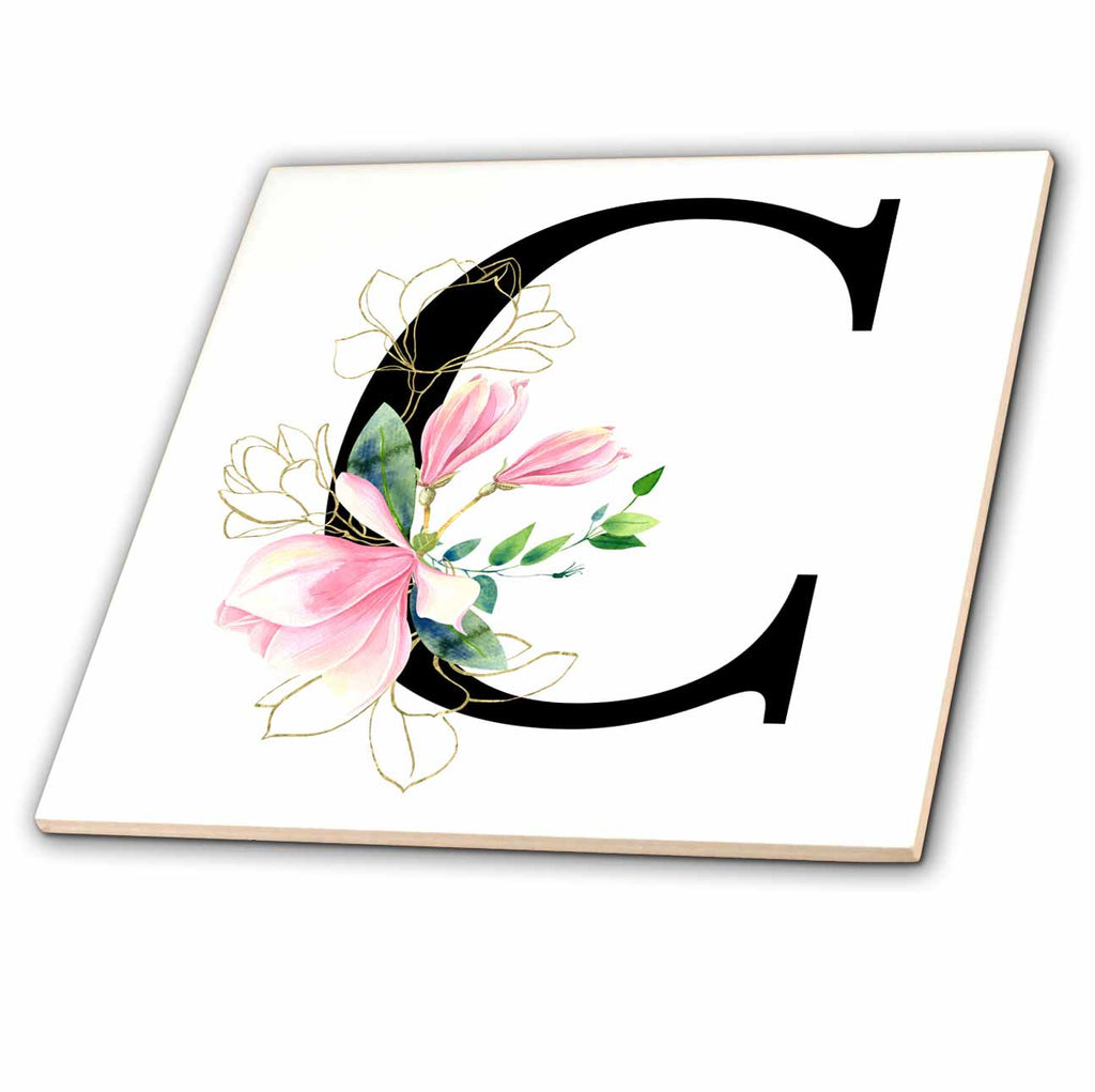 3dRose Chic Black Monogram Initial CWith Pretty Pink Flowers - Tiles (ct-377539)