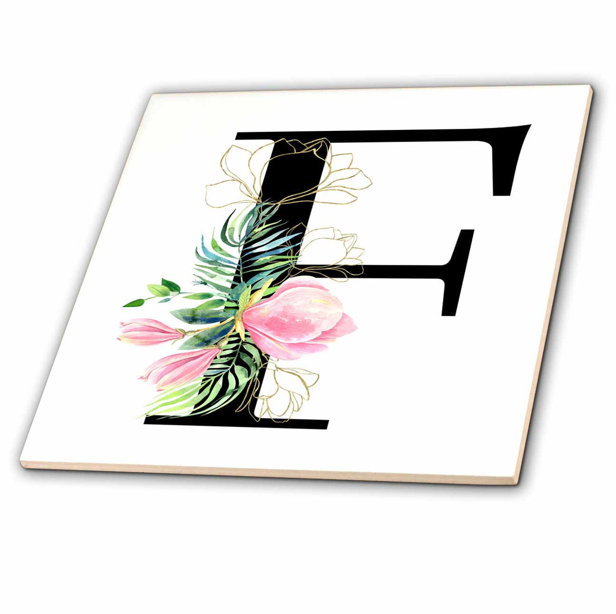 3dRose Chic Black Monogram Initial F with Pretty Pink Flowers - Tiles (ct-377541)