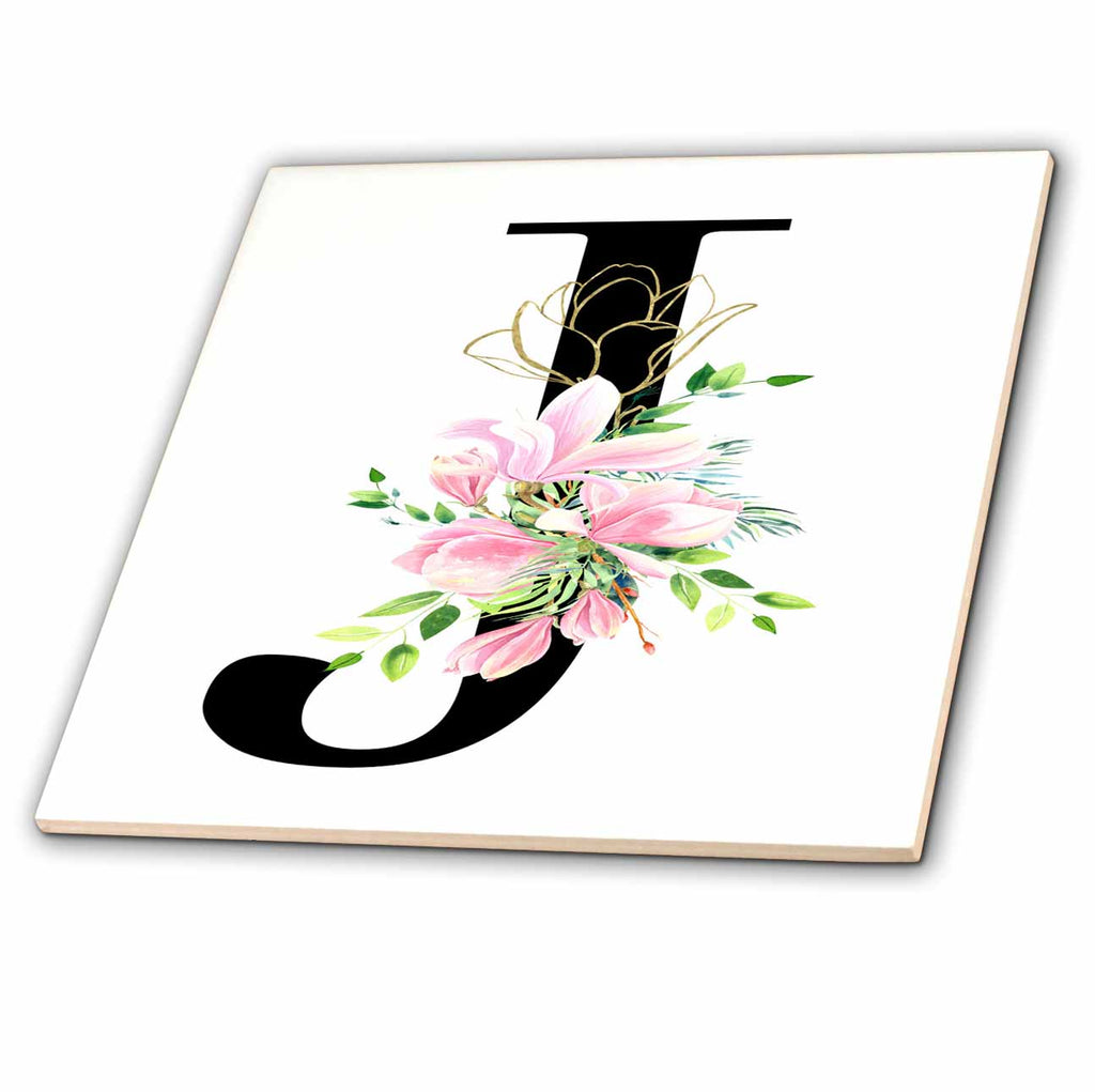3dRose Chic Black Monogram Initial J with Pretty Pink Flowers - Tiles (ct-377544)