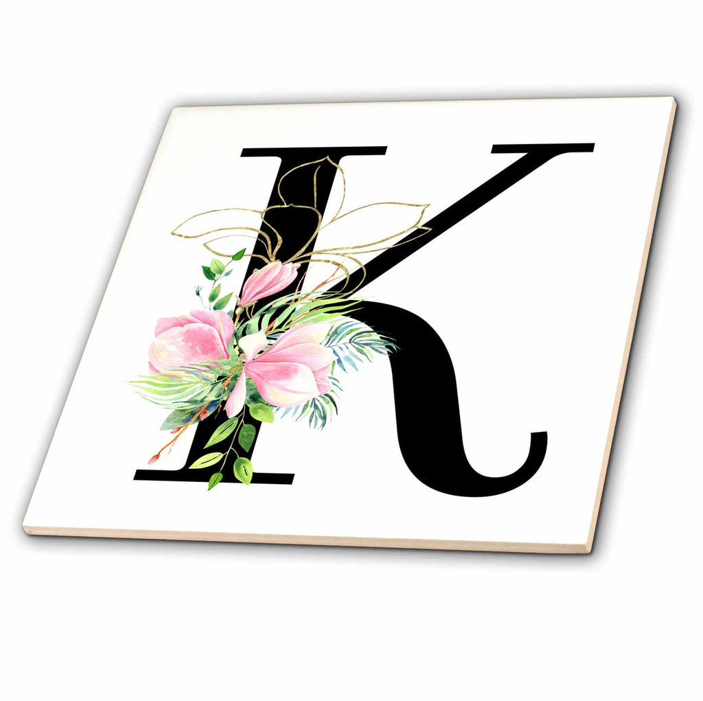 3dRose Chic Black Monogram Initial K with Pretty Pink Flowers - Tiles (ct-377545)