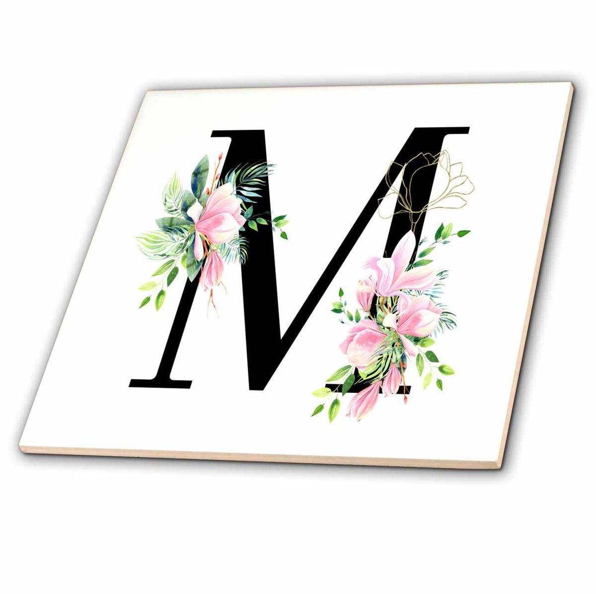 3dRose Chic Black Monogram Initial M with Pretty Pink Flowers - Tiles (ct-377547)
