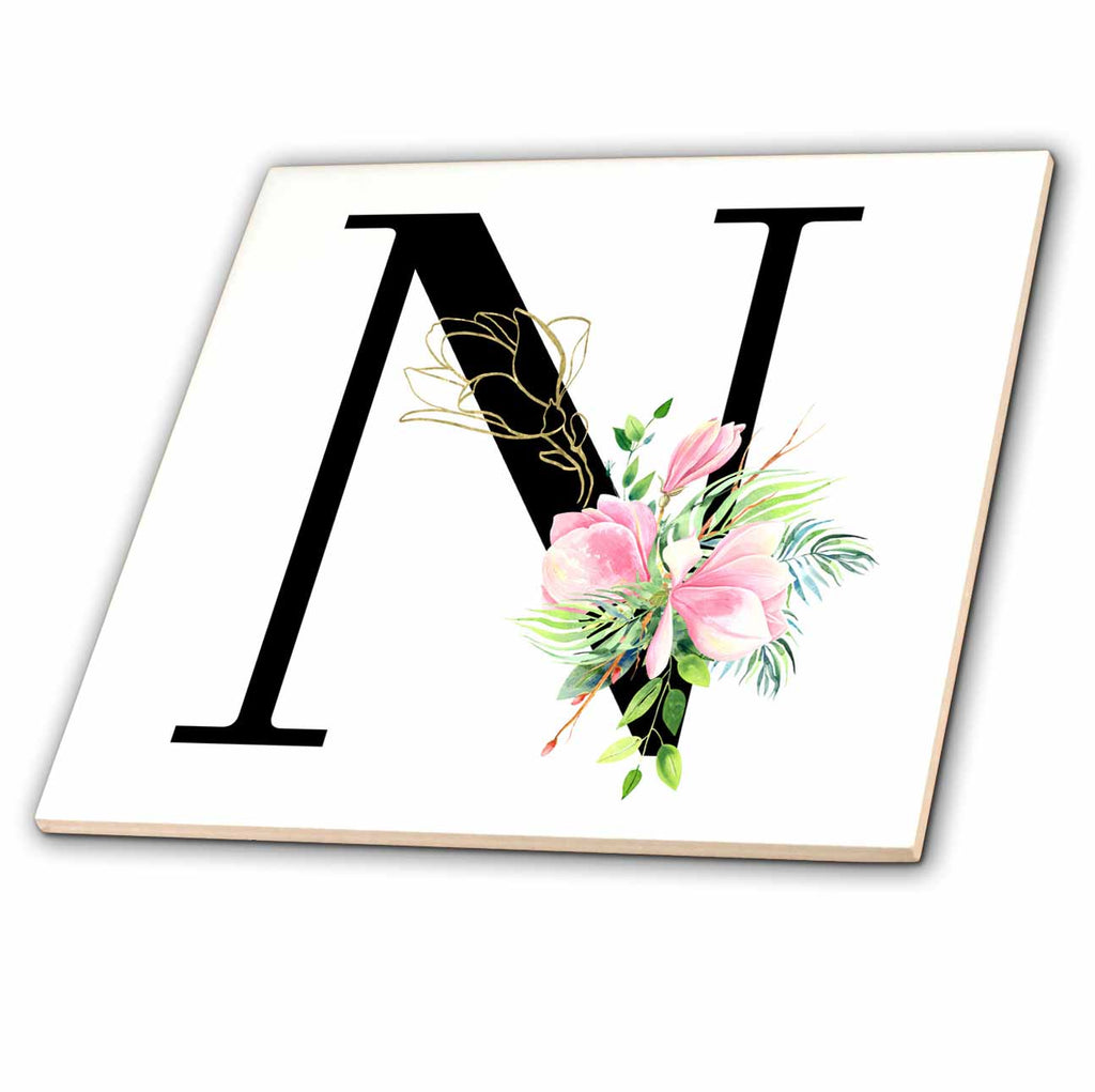 3dRose Chic Black Monogram Initial N with Pretty Pink Flowers - Tiles (ct-377548)